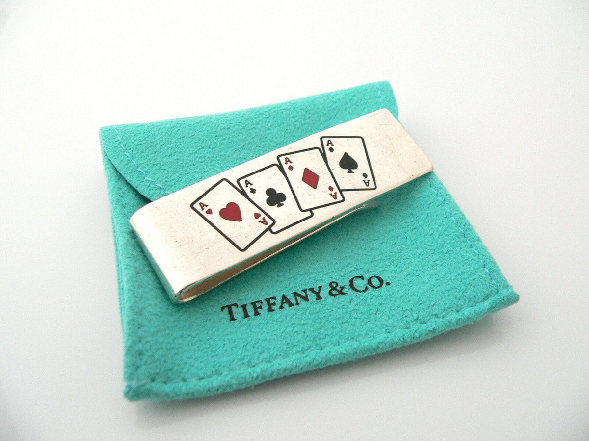 Tiffany & Co Poker Aces Cards Heart Lucky Money Clip Holder Man Cool Gift  Pouch