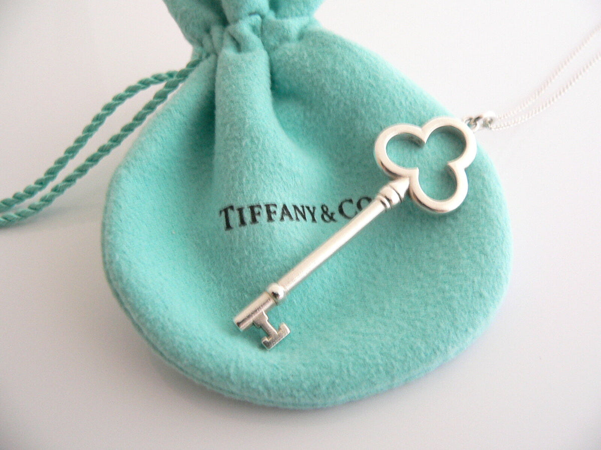 Tiffany Co Silver Diamond Blossom Key Necklace Pendant 24 inch Gift Love Pouch