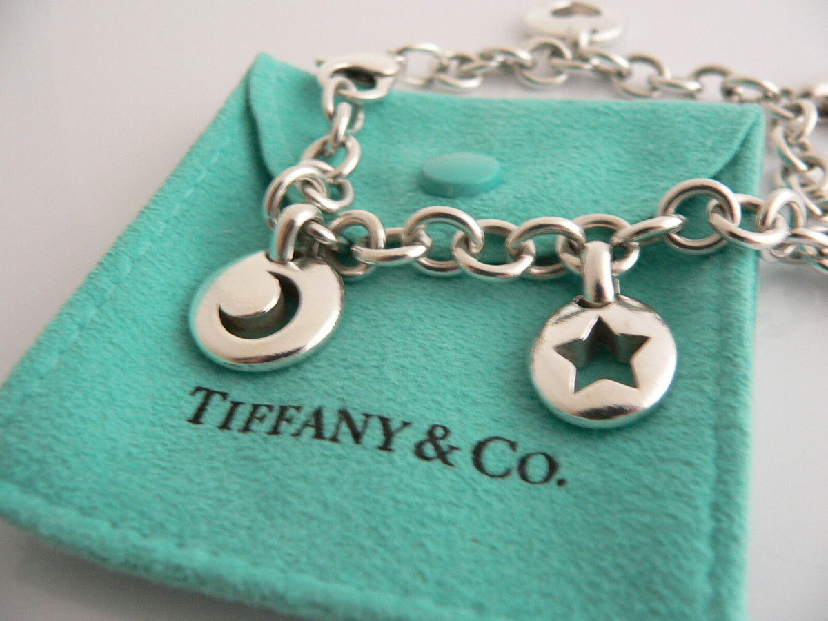 Tiffany & Co Silver Heart Sun Star Moon Horseshoe Bracelet Stencil Charm  Bangle