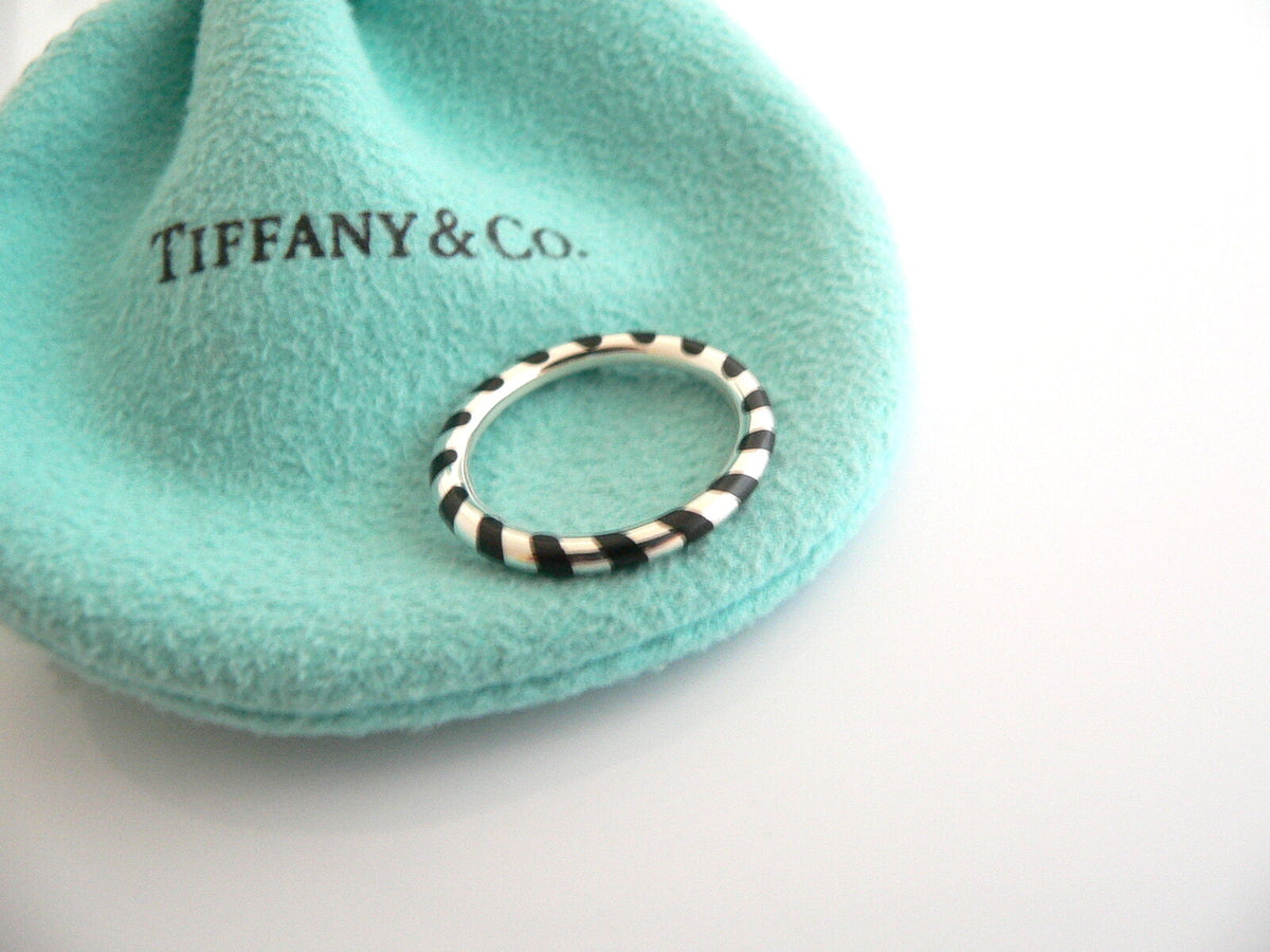 Tiffany & Co Silver White Enamel Signature X Stack Band Ring Size 10  Pouch Rare
