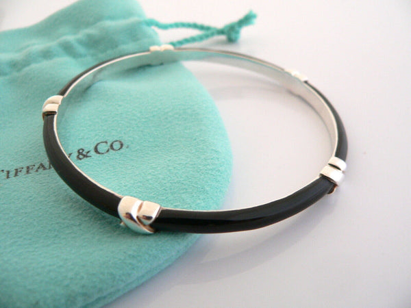 Tiffany & Co Silver Black Enamel Signature X Bangle Bracelet Rare Gift Love Pouch