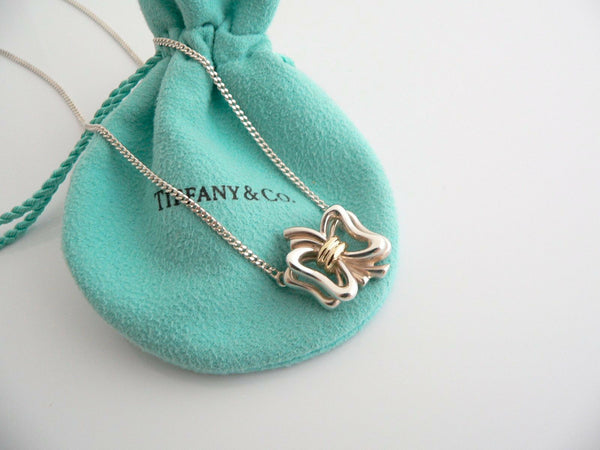 Tiffany & Co Silver 18K Gold Ribbon Bow Necklace Pendant Charm 17.8 Inch Pouch