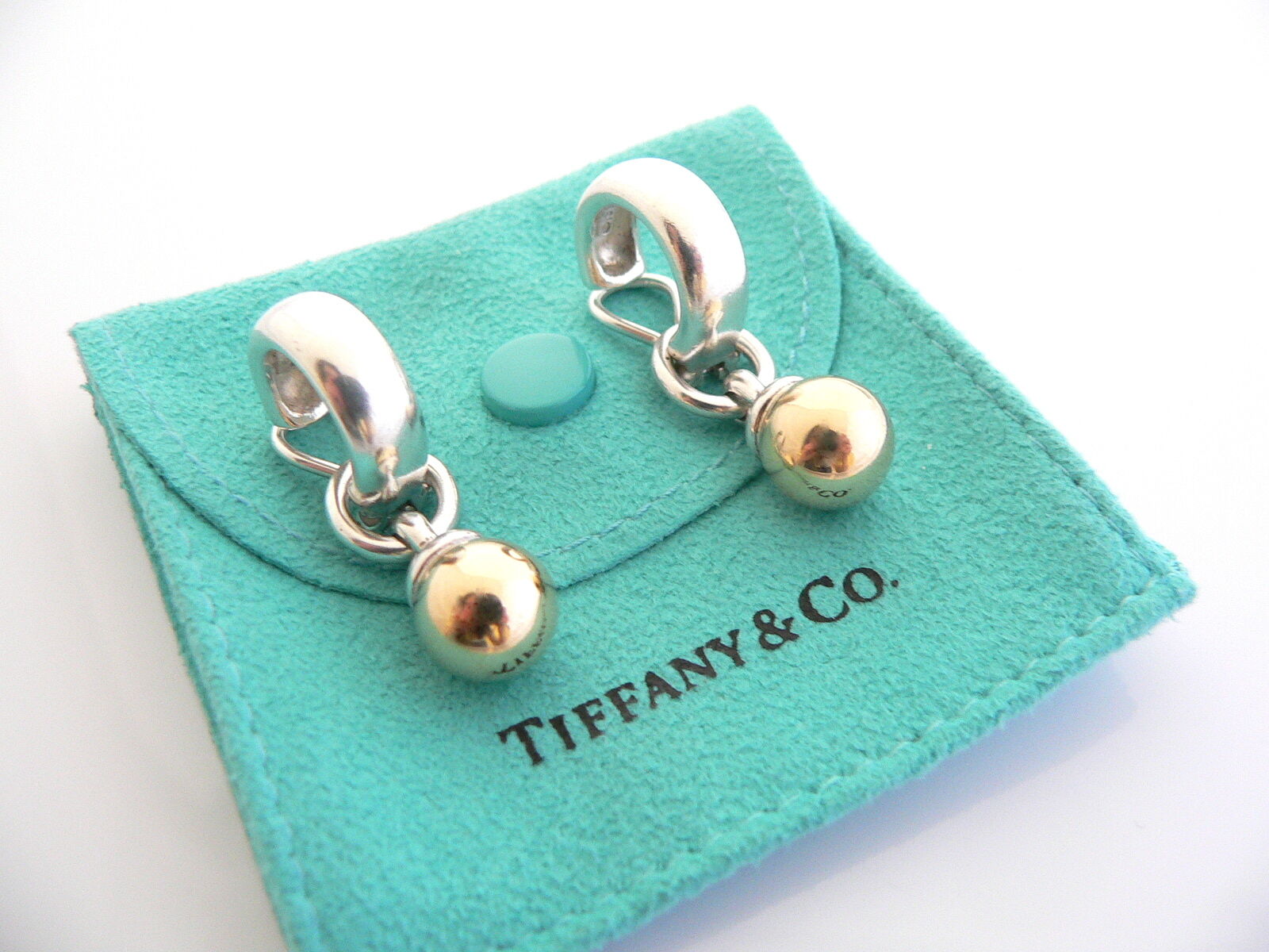 Tiffany & Co Ball Earrings Silver Hardware 18K Gold Fascination Dangle Clip  On