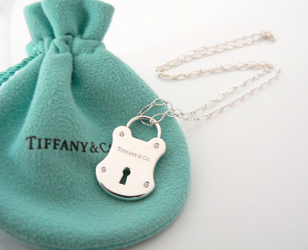 Tiffany & Co Silver Diamond Locks Padlock Necklace Pendant 16 In Chain Gift Love