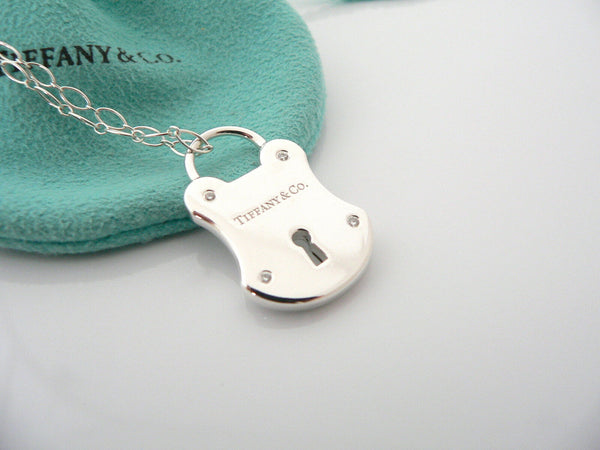 Tiffany & Co Silver Diamond Locks Padlock Necklace Pendant 16 In Chain Gift Love