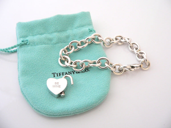 Tiffany & Co Silver BE MINE Heart Padlock Charm Bracelet Bangle Chain Gift Pouch