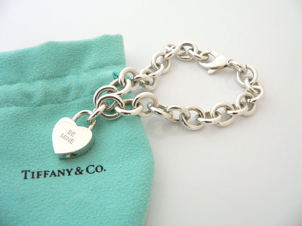 Tiffany & Co Silver BE MINE Heart Padlock Charm Bracelet Bangle Chain Gift Pouch