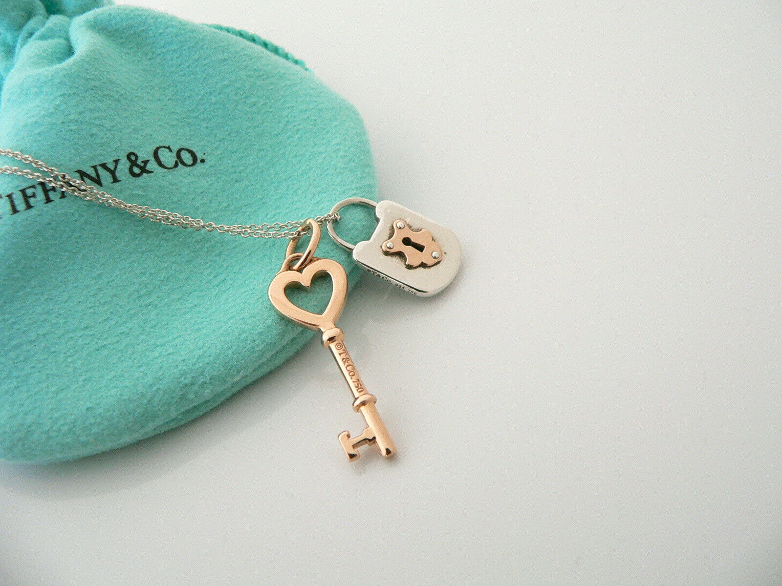 Home › Tiffany Co Silver 18K Rose Gold Heart Key Locks Necklace Pendant ...