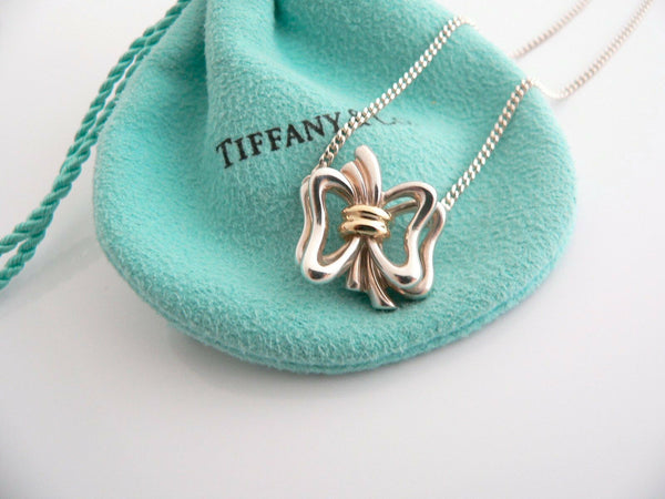 Tiffany & Co Silver 18K Gold Ribbon Bow Necklace Pendant Charm 17.8 Inch Pouch