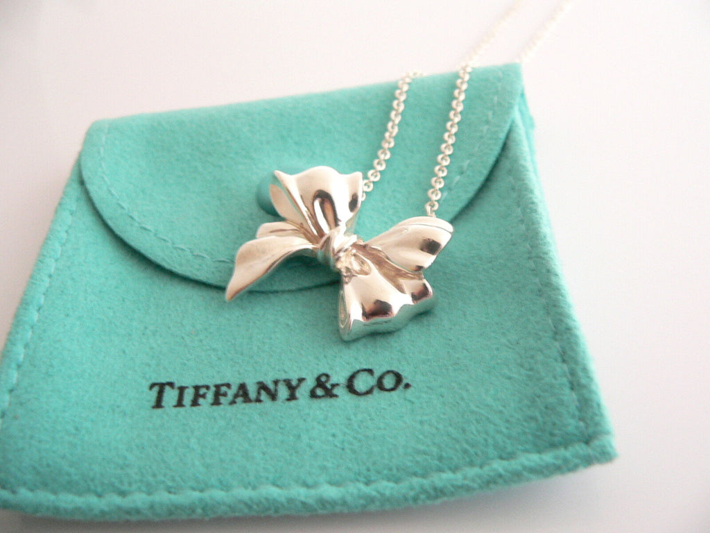 Tiffany & Co Silver Large Ribbon Bow Necklace Pendant 19 inch ...