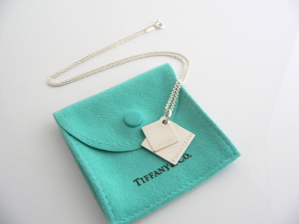 Tiffany & Co Silver Double Squares Necklace Pendant 18 Inch Chain Gift Pouch