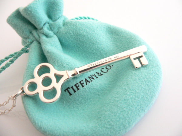 Tiffany Co Silver Large Crown Key Necklace Pendant 30 inch Oval Link Chain Pouch