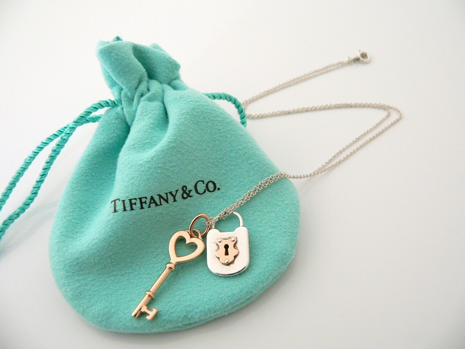 Home › Tiffany Co Silver 18K Rose Gold Heart Key Locks Necklace Pendant ...