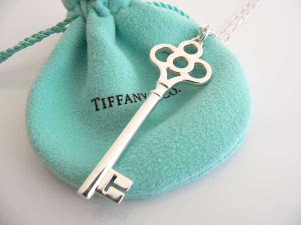 Tiffany Co Silver Large Crown Key Necklace Pendant 30 inch Oval Link Chain Pouch