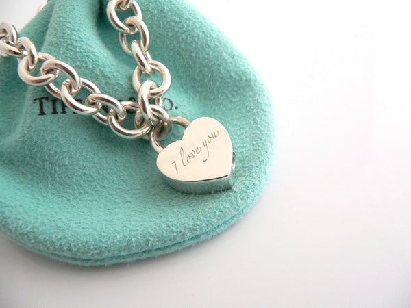 Tiffany & Co Silver I LOVE YOU Heart Bracelet Padlock Charm Bangle Gift Pouch