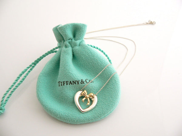 Tiffany & Co Silver 18K Gold Heart Ribbon Bow Necklace Pendant Charm 18 In Long