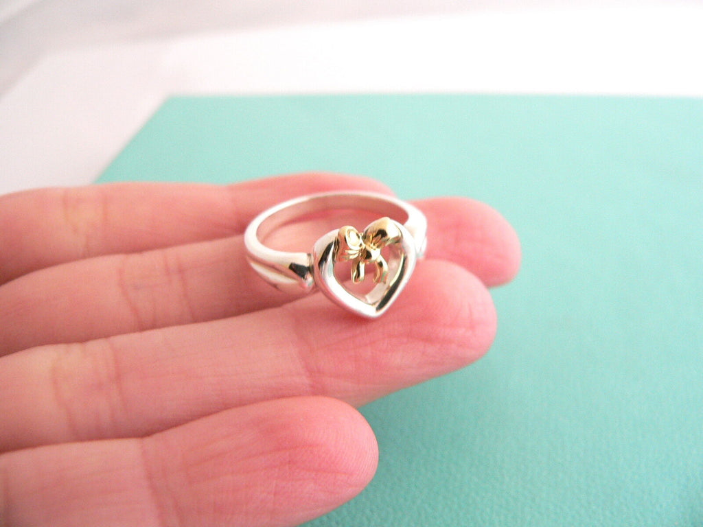 Tiffany & Co Silver 18K Gold Heart Ribbon Bow Ring Band Sz 6