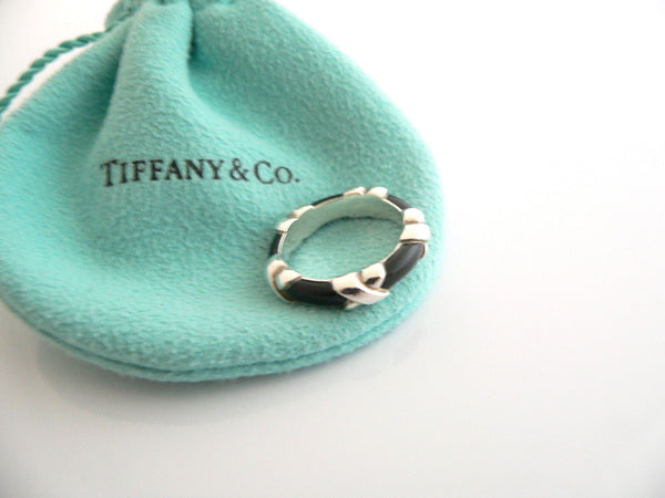 Tiffany & Co Silver Black Enamel Signature X Stacking Ring Band Sz 5.5 Gift Love